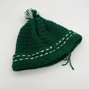 Handmade Crochet Beanie Forest Green White Pom Pom Knit Winter Hat Mens OSFM